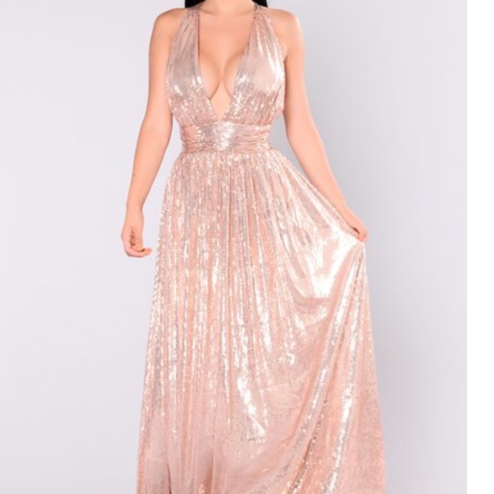 Rose Gold, floor length Sequin Dress.